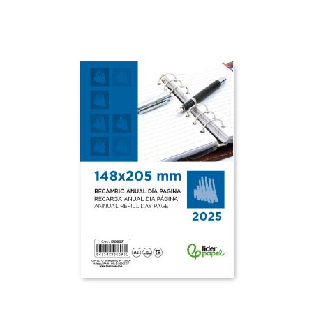 RECAMBIO AGENDA ANILLAS LIDERPAPEL 2025 - 15X21CM / A5 (DIA PAGINA) - PAPEL 70GRS.