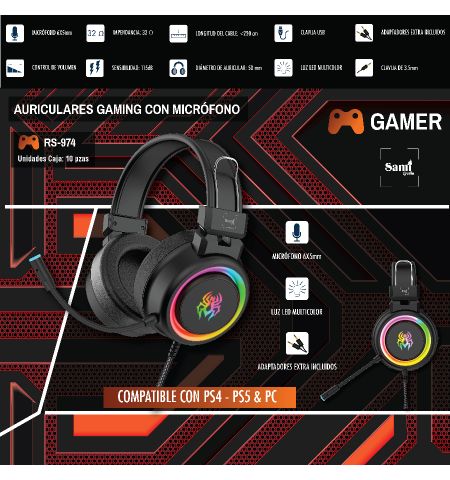 AURICULARES CASCOS SAMI GAMING CON LUZ LED MULTICOLOR NEGRO (COMPATIBLE PS4/PS5) AURICULARES CASCOS SAMI GAMING CON LUZ LED MULTICOLOR NEGRO (COMPATIBLE PS4/PS5)