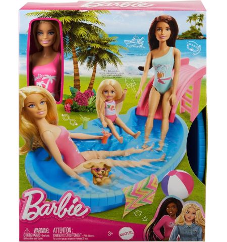 MUÑECA BARBIE CON BAÑADOR ROSA, PISCINA, TOBOGAN Y ACEESORIOS MUÑECA BARBIE CON BAÑADOR ROSA, PISCINA, TOBOGAN Y ACEESORIOS